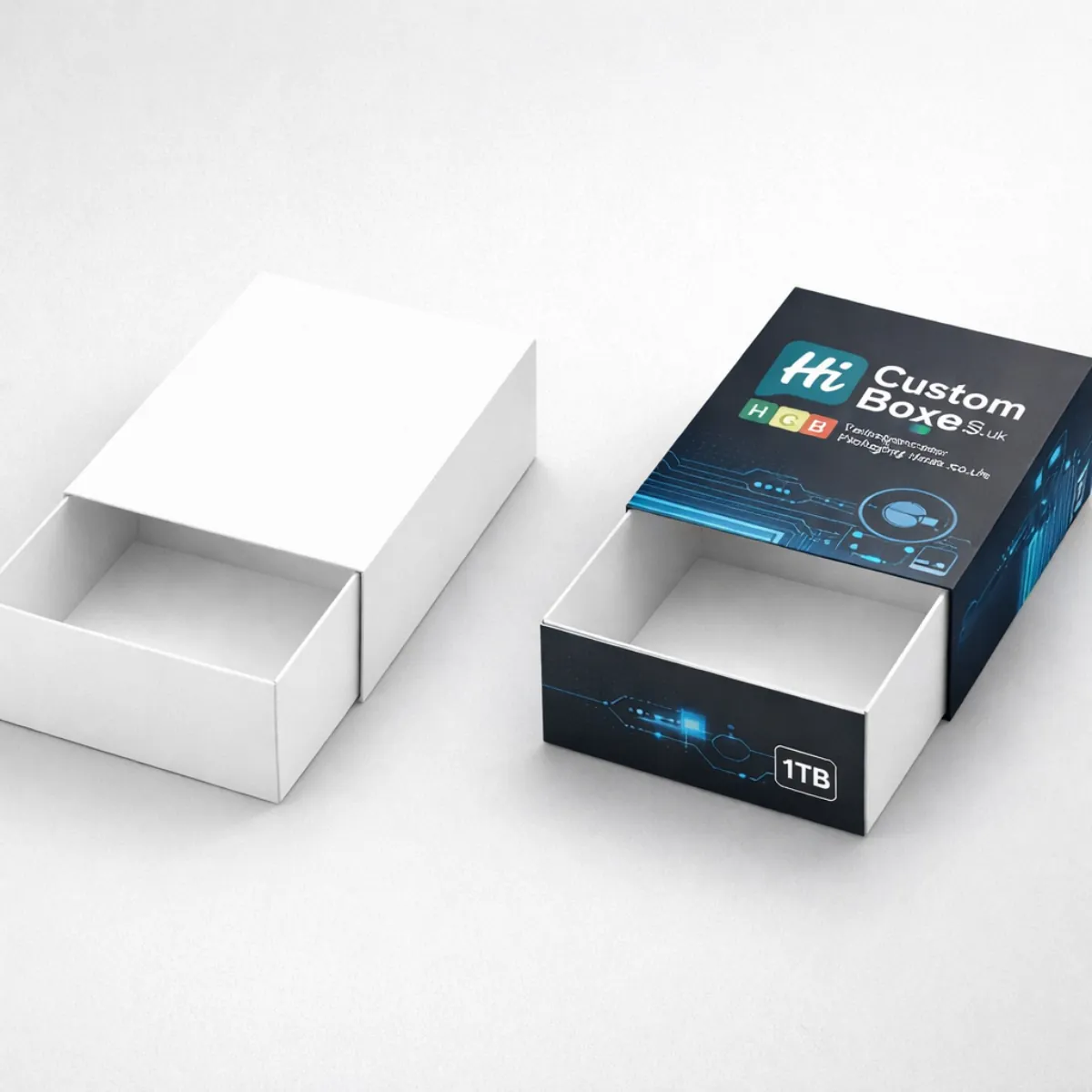Professional 3D mockup of white and branded black sliding drawer boxes for hard drive packaging. class=